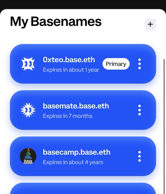 A screenshot of a 'My Basenames' page showing three ENS-style domain names: 0xteo.base.eth (Primary, expires in about 1 year), basemate.base.eth (expires in 7 months), and basecamp.base.eth (expires in about 4 years).