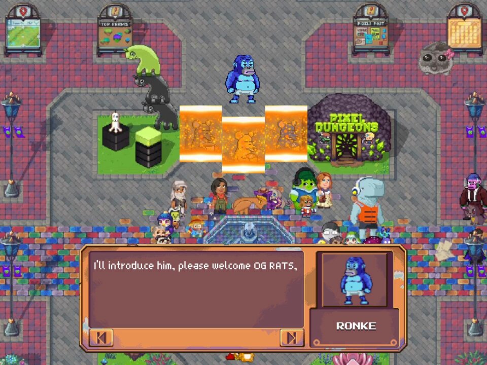 The image shows a cartoon-like scene with various characters gathered around an entrance or doorway. The characters include a blue robot, a green dinosaur, and other people standing nearby. A sign that reads "TerraVilla Is NOT READY FOR THIS! The ultimate crossover we didn’t know we needed!" is displayed in the image. The post also mentions that @OgRats_ officially roam around @pixels_online @RonkeOn Ronke has spoken, and the hype is real.