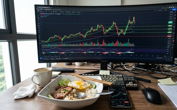 A desk setup featuring a curved monitor displaying a stock/crypto trading chart, alongside a bowl of rice and a fried egg, a coffee mug, a smartphone showing a trading app, a mechanical keyboard, and a mouse.