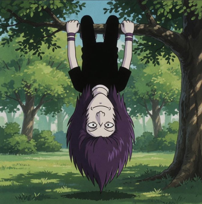 An anime character with purple hair hangs upside down from a tree branch in a forest setting.