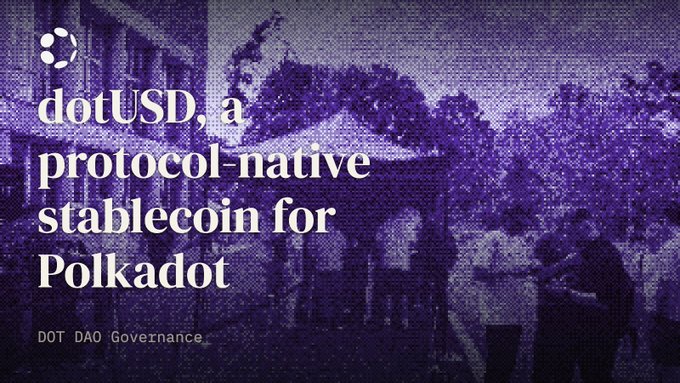 The image is a promotional graphic with a purple-tinted background showing silhouetted figures, featuring the text "dotUSD, a protocol-native stablecoin for Polkadot" alongside the "DOT DAO Governance" branding. It visually represents the announcement of a community-drafted referendum proposing dotUSD as a new stablecoin for the Polkadot ecosystem, now live for voting on DOT DAO governance.