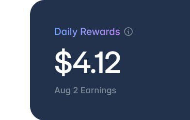 A dark blue card displays "Daily Rewards" with an info icon, showing earnings of "$4.12" for "Aug 2 Earnings." The image illustrates the poster's claim of clean, steady yield from Polymarket LP farming with zero loss on August 2nd.