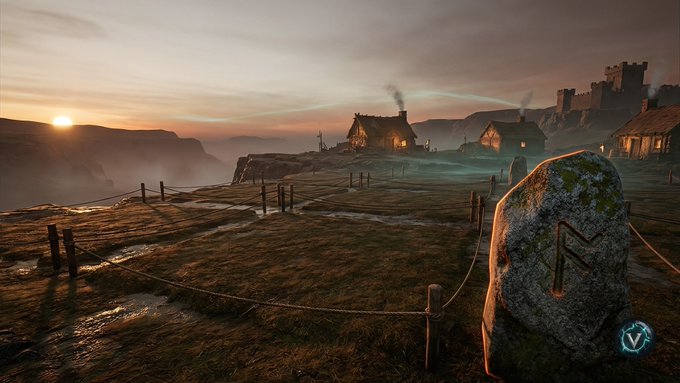 Cinematic landscape depicting a Viking village at sunset with longhouses, mountains, and a stone runestone carved with runes in the foreground, bearing a 'V' logo.