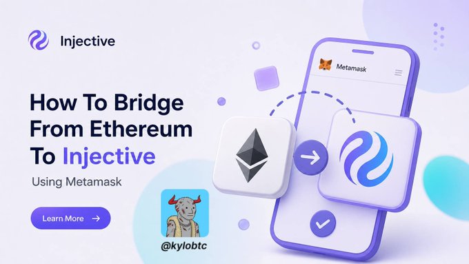 The promotional graphic titled "How To Bridge From Ethereum To Injective Using Metamask" features the Injective logo and a 3D smartphone displaying the MetaMask interface, with Ethereum and Injective symbols connected by an arrow to illustrate the bridging process. It visually reinforces the post's message that MetaMask can natively handle Ethereum-to-Injective bridging ($INJ) using the same account key.