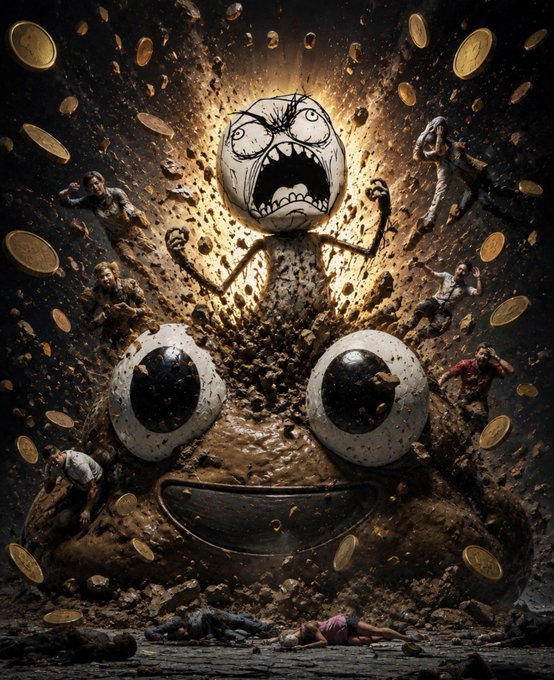 A massive, screaming rage-face character erupts from the ground amid flying coins and panicked fleeing figures, with smaller angry faces clinging to its head. The chaotic scene visually represents the post's frustration ("FFFFFFFFFFUUUUUUUUUUUUUU") at people chasing worthless "shitcoins" and missing out on the one true "gem" opportunity.