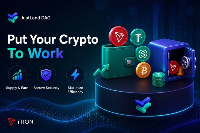 An advertisement for "JustLend DAO" with the tagline "Put Your Crypto To Work," featuring 3D icons of a green wallet and blue safe containing TRON (TRX), Bitcoin (BTC), Tether (USDT), and other crypto coins.