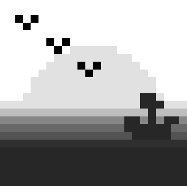 A minimalist pixel art scene showing a large white semi-circle (possibly a moon or sun) behind dark clouds, with a small black figure standing on a gray and black landscape.
