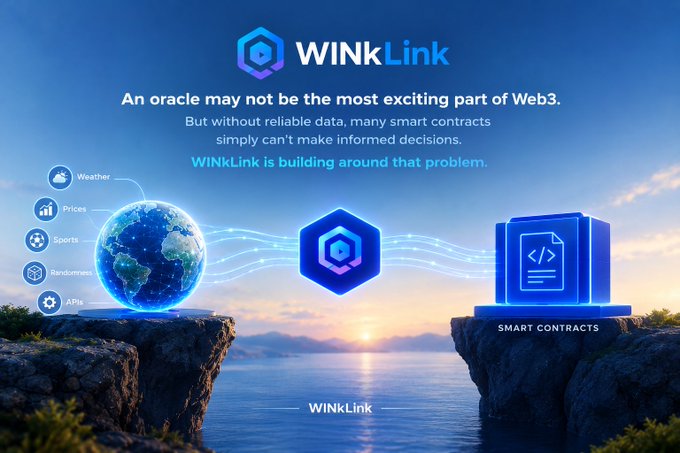 A promotional graphic for 'WINKLink' with the text 'An oracle may not be the most exciting part of Web3. But without reliable data, many smart contracts simply can't make informed decisions. WINKLink is building around that problem,' showing data flowing from a globe to smart contracts.