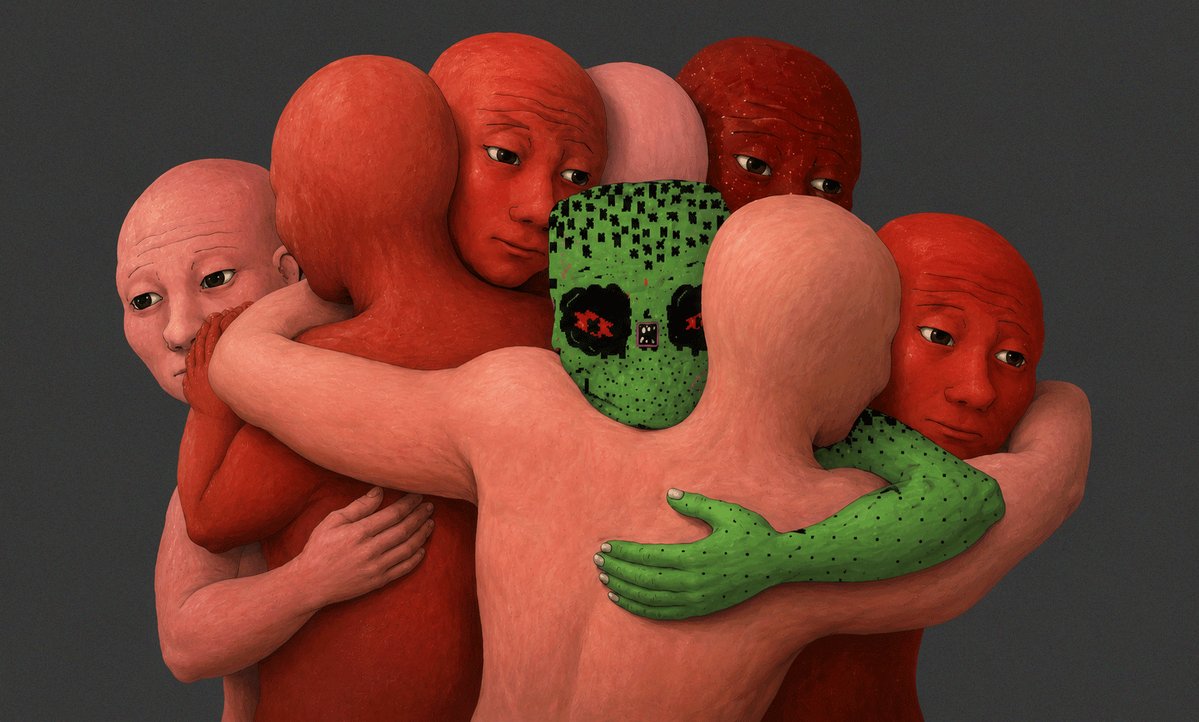 The image features a group of people, including one person wearing a green mask, hugging each other tightly against a gray background. The caption above the image reads "Don' t worry the guys with money are still buying NFTs." This suggests that there might be an art project or event related to digital art and NFTs in the making.