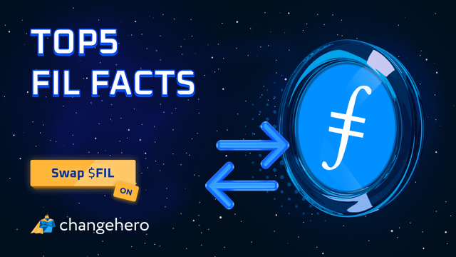 A promotional graphic with 'TOP 5 FIL FACTS' text, a 'Swap $FIL' button, and the ChangeHero logo, showing a Filecoin coin.