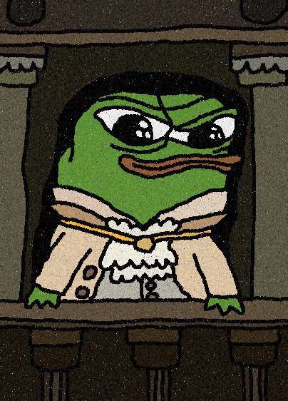 A stylized illustration of the Pepe the Frog meme character depicted in formal white attire with a gold chain, standing behind a balcony railing with a dark background.