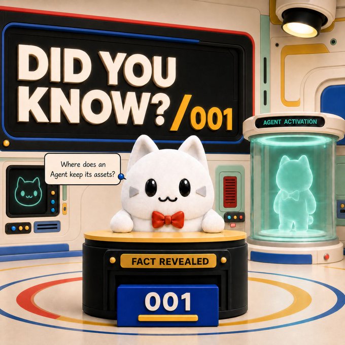 A cute white cat mascot with a red bow tie stands on a "FACT REVEALED 001" pedestal in a futuristic room, with a large screen displaying "DID YOU KNOW? /001" and a speech bubble asking "Where does an Agent keep its assets?" The scene also features an "AGENT ACTIVATION" chamber and a screen showing a cat icon, visually reinforcing the post's message that each Agent has its own dedicated wallet within KuCoin Web3 Wallet.