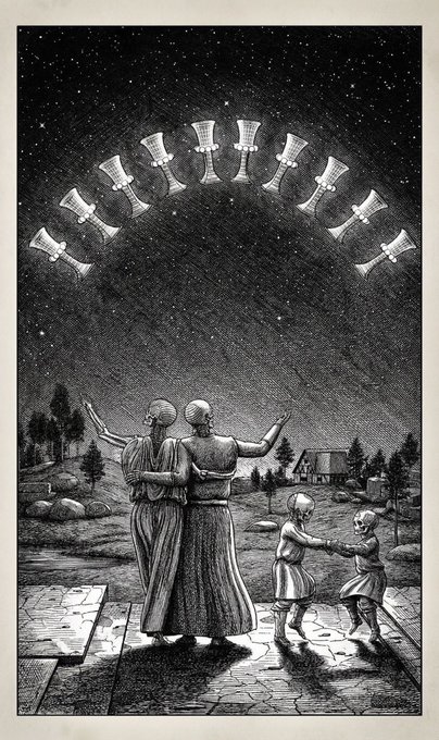 A black and white illustration of two figures and two children looking up at an arch of chalices or goblets floating in a starry night sky.