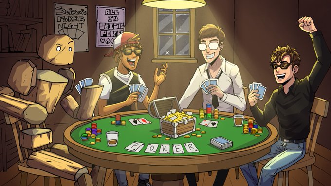 A digital illustration showing three young men and a wooden golem enthusiastically playing a card game of poker around a table with chips, cards spelling 'POKER', and a treasure chest full of gold coins.