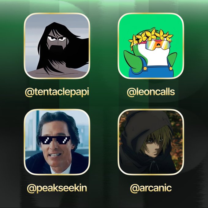 Four social media profile icons with usernames @tentaclepapi, @leoncalls, @peakseekin, and @arcanic are displayed against a green background, welcoming the creators to the Pumpfun app.