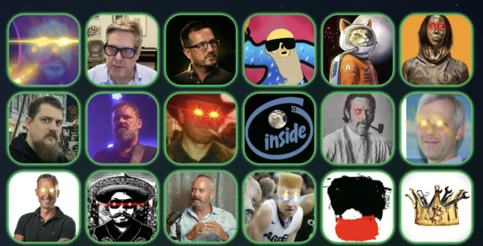 A 3x6 grid of profile icons featuring various people, characters, and avatars with glowing eyes, including a central icon labeled 'inside'.