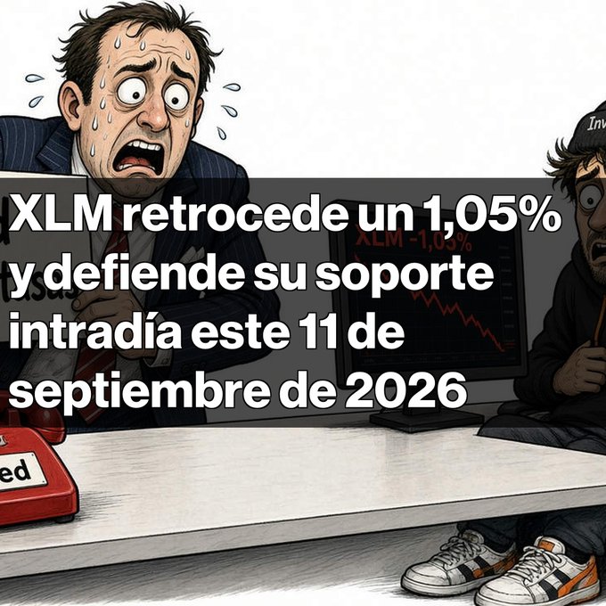 A Spanish-language news graphic with cartoon characters showing text: "XLM retrocede un 1,05% y defiende su soporte intradía este 11 de septiembre de 2026," describing a 1.05% drop in XLM.