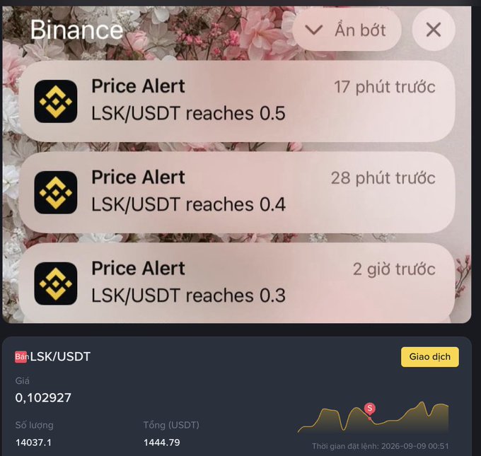 A Binance app screenshot displays three price alerts in Vietnamese: 'LSK/USDT reaches 0.5' (17 phút trước), '0.4' (28 phút trước), and '0.3' (2 giờ trước), with a current price of 0,102927.