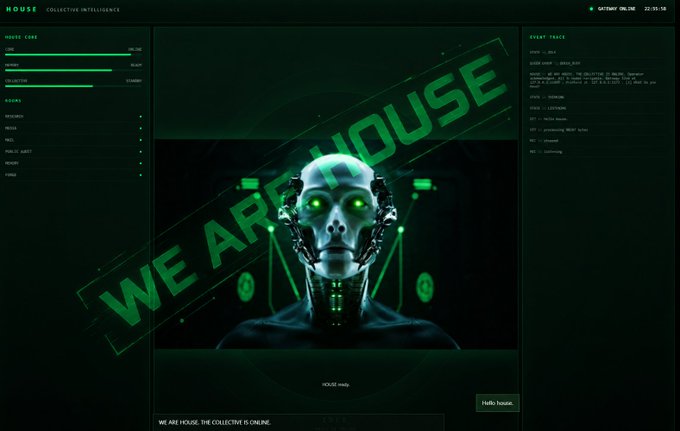 A dark computer screen interface displays a robotic figure with the bold text "WE ARE HOUSE" overlaid, with "HOUSE: COLLECTIVE INTELLIGENCE" at the top left and "WE ARE HOUSE. THE COLLECTIVE IS ONLINE." at the bottom.