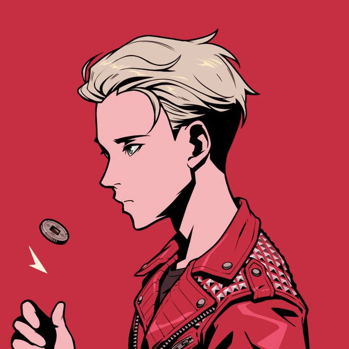 An illustrated profile of a young person with blonde hair wearing a red studded leather jacket, tossing a coin into the air against a solid red background.