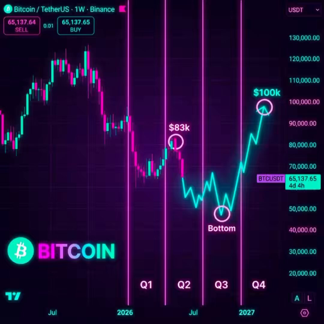 "Bitcoin - June: Sweep toward $60,000 July: Bear trap near $53,000 August: Recovery to $65,000-68,000 September: Cycle low ~$46,000 October: Stabilization".