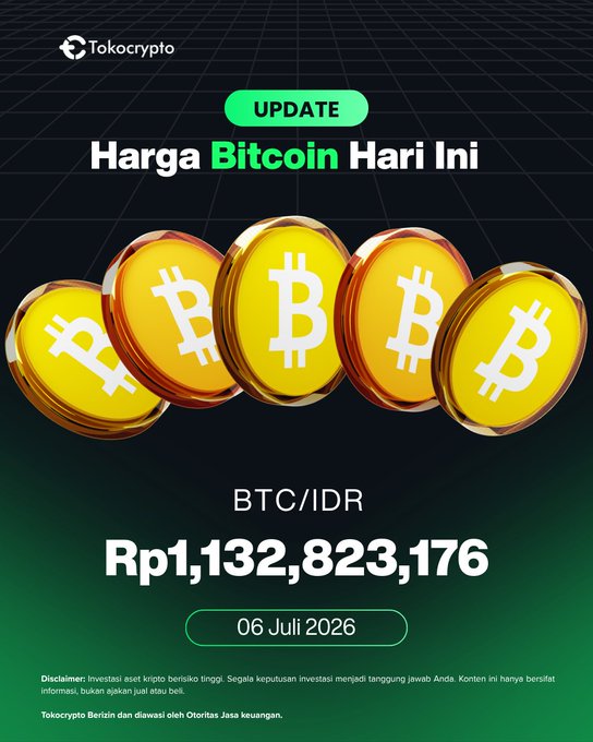 This image from Tokocrypto displays the "UPDATE Harga Bitcoin Hari Ini" showing BTC/IDR at Rp1,132,823,176 on July 6, 2026, accompanied by an image of Bitcoin coins.