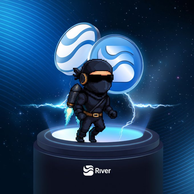 The image features a character with a mask, possibly a ninja or a superhero, standing on a platform that looks like a rocket ship. The character has a backpack on their back and is holding a shield. The background of the image is dark blue, which contrasts with the white and blue elements in the foreground. There are two coins floating above the character's head, adding to the overall visual appeal of the scene. The caption below the image reads: "Meme culture has proven to play a crucial role in shaping the strength of a digital community. The innovative initiative by the @River4fun team at @RiverdotInc has successfully created a truly revolutionary interaction space."