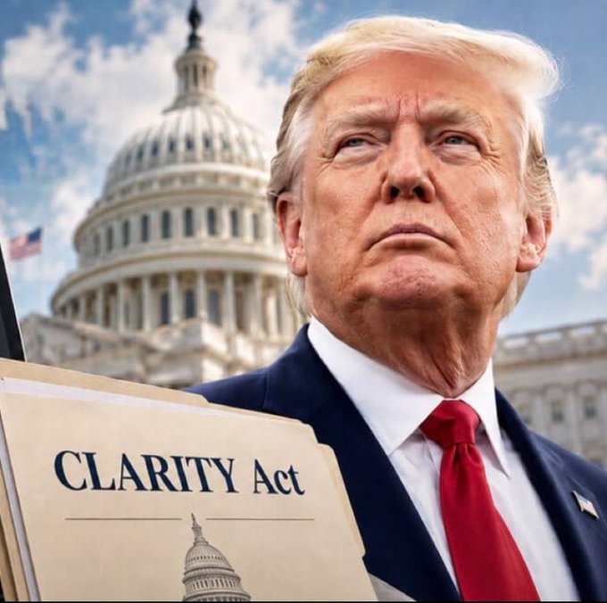An image of Donald Trump in a suit with a red tie standing in front of the US Capitol building, holding a folder labeled 'CLARITY Act'.