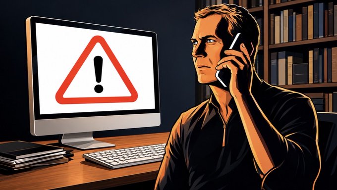 An illustrated image shows a concerned man on a phone call sitting at a desk next to a computer monitor with a large warning symbol on the screen.