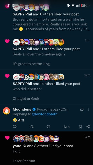 A screenshot of a mobile Twitter/X notifications feed showing likes from users like 'SAPPY Phil' and 'yondi' on posts about Chatgpt vs Grok, a meme about 'Bro' conquering an empire, and a reply from 'Moondeng'.
