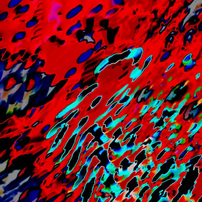 An abstract image featuring chaotic patterns of red, black, blue, and turquoise colors.