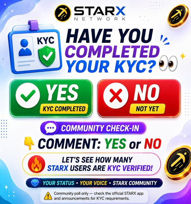A STARX NETWORK promotional graphic asking 'HAVE YOU COMPLETED YOUR KYC?' with YES/NO buttons, encouraging community check-in comments for a poll on KYC verification status.