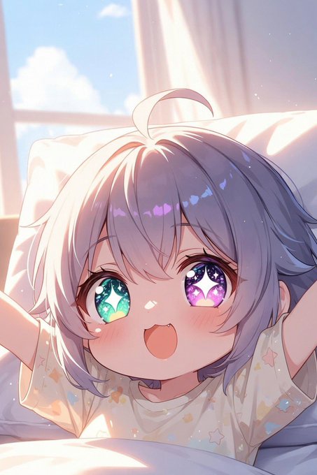 An anime-style illustration of a cheerful young girl with silver hair and large, sparkling multicolored eyes (green and pink/purple) wearing a star-patterned shirt, posed against a bright, sunlit background.