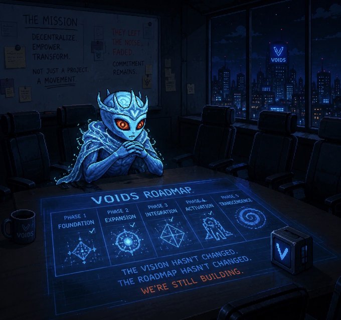A blue-skinned alien with glowing orange eyes sits alone at a conference table, resting their chin on their hands in front of a holographic "VOIDS ROADMAP" displaying five phases: Foundation, Expansion, Integration, Activation, and Transcendence, with checkmarks through the first four. The mission statement on the whiteboard reads "DECENTRALIZE. EMPOWER. TRANSFORM. NOT JUST A PROJECT. A MOVEMENT" alongside "THEY LEFT. THE NOISE FADED. COMMITMENT REMAINS," while the cityscape outside bears a glowing "VOIDS" logo, visually reinforcing the post's themes of perseverance, the departure of doubters, and unwavering commitment to the vision.