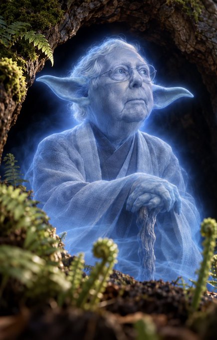 An elderly woman with pointed ears is depicted as a glowing blue spirit resembling Yoda, holding a wooden staff inside a mossy tree hollow.