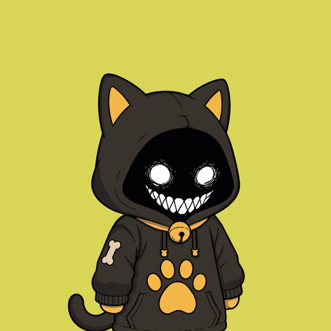 A cartoon illustration of a character in a black hoodie with cat ears, a paw print on the front, and a creepy grinning face with glowing white eyes on a yellow background.