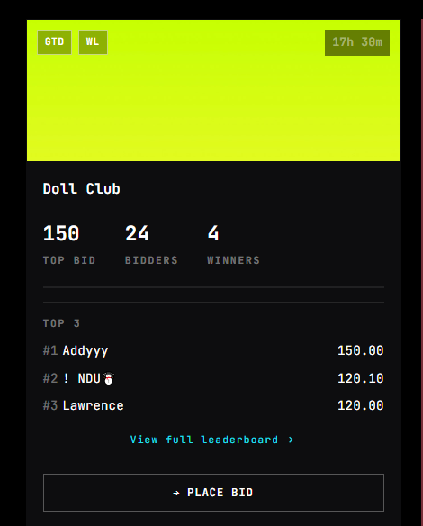 A bidding leaderboard for 'Doll Club' shows a top bid of 150 with 24 bidders and 4 winners, with leading bidder 'Addyyy' at 150.00.