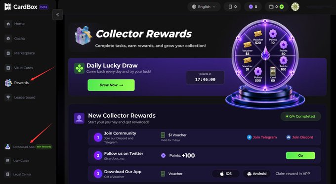The image shows the CardBox Rewards page featuring a "Daily Lucky Draw" with a 17:46:00 countdown, along with "New Collector Rewards" tasks like joining the Telegram community ($1 Voucher), following on Twitter (+100 Points), and downloading the app for an iOS/Android voucher. This illustrates the airdrop steps described in the post, which guide users to download the CardBox app and claim vouchers through the Rewards section to earn points and rewards.