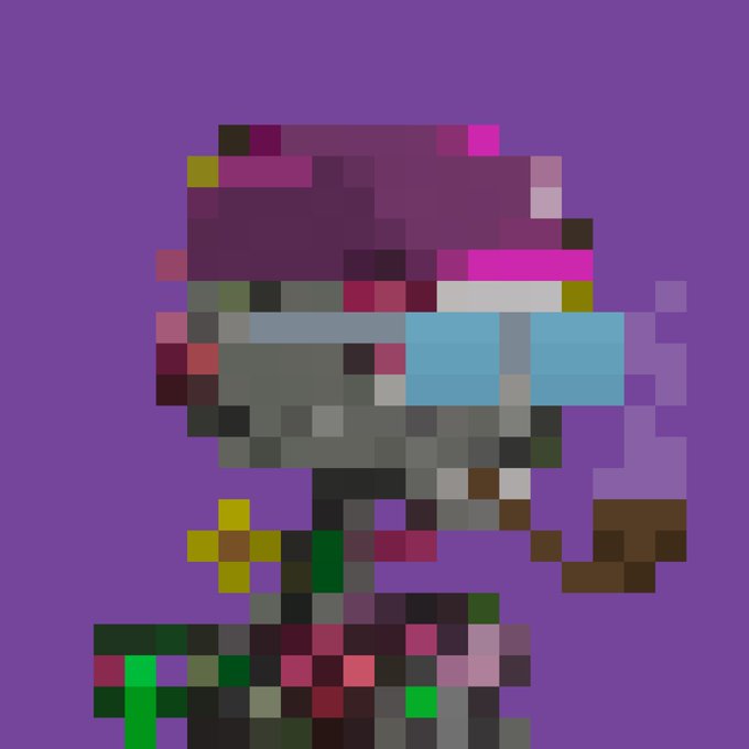 A heavily pixelated, mosaic-style artwork on a purple background, depicting a stylized figure with a red head covering, blue glasses, and a brown and green outfit.