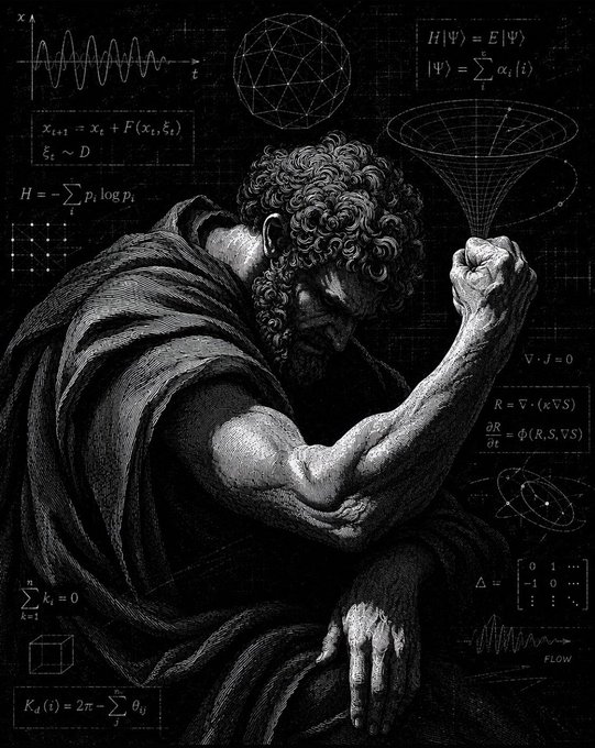 A black-and-white classical engraving of a muscular, bearded figure flexing their arm in a pose reminiscent of Michelangelo's "David," surrounded by various physics and mathematics equations (including the Schrödinger equation "H|Ψ⟩ = E|Ψ⟩", entropy formula "H = -∑pᵢ log pᵢ", and a 2x2 matrix), serving as a striking visual for an invitation to join the "DCR GROUP CHAT."