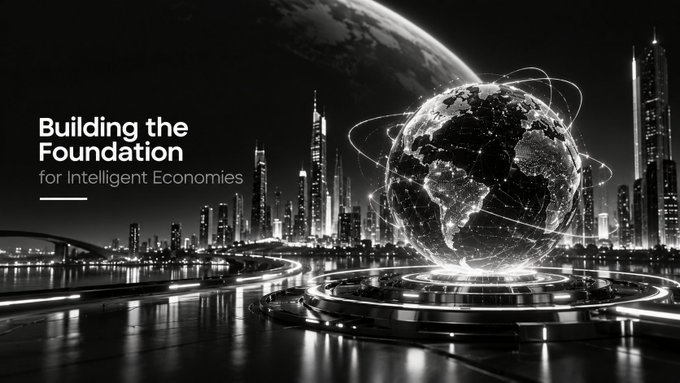 A black and white digital graphic showing a futuristic cityscape with a glowing globe in the center, overlaid with the text 'Building the Foundation for Intelligent Economies'.