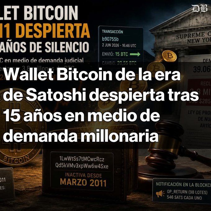 The image shows a courtroom scene with a judge's gavel at the center of the room. The gavel has a wooden handle, and there are several other objects around it, including a gold coin, a black wallet, and a brown gavel. The text in the image reads "Una wallet de Bitcoin de 2011 mueve 15 BTC tras 15 años en medio de una demanda que busca reclamar 3,8 millones de BTC. La dirección, parte de un caso legal en Nueva York, desafía la noción que muchas wallets están realmente abandonadas." This suggests that the image is related to a court case involving Bitcoin and its users.