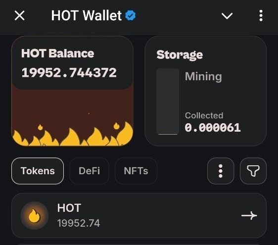 HOT Wallet screenshot showing a HOT Balance of 19952.744372 with mining storage showing 0.0000061 collected, displaying tabs for Tokens, DeFi, and NFTs.