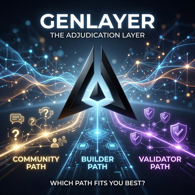 The image is a promotional graphic for **GenLayer – "The Adjudication Layer,"** featuring a futuristic logo and three labeled pathways: **Community Path** (highlighted with question marks and chat icons), **Builder Path** (with circuit/tech imagery), and **Validator Path** (with shield icons), asking viewers **"Which path fits you best?"** It visually represents GenLayer's multi-role ecosystem, aligning with the post's endorsement of the Community path as a way for non-technical contributors to help grow the network's understanding and adoption.