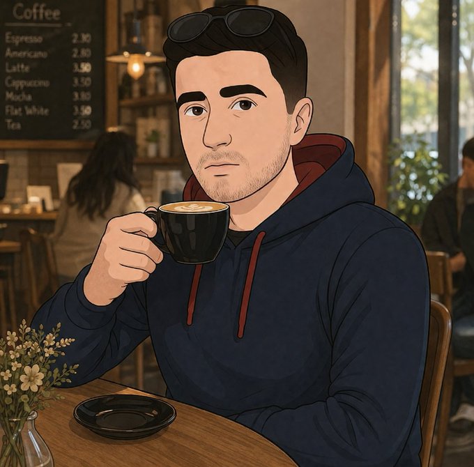 An animated/illustrated image of a man with sunglasses on his head, wearing a navy hoodie, drinking coffee in a café with a visible menu board showing Espresso, Americano, Latte, Cappuccino, Mocha, Flat White, and Tea prices.