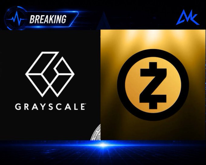 A breaking news graphic featuring the Grayscale logo alongside a gold Zcash (ZEC) coin emblem, with a 'BREAKING' banner at the top and a stylized 'AK' logo in the corner.