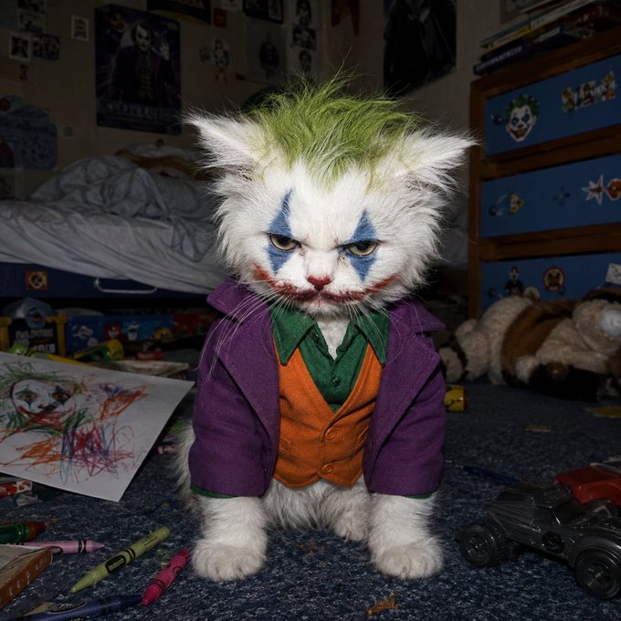A white cat is styled and costumed as the Joker, complete with green hair, clown makeup, and a purple suit with an orange vest, sitting among crayons and toys.