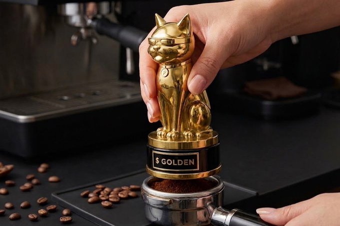 A close-up of a hand tamping espresso grounds using a golden cat-shaped tamper labeled '$ GOLDEN' on a black espresso machine counter scattered with coffee beans.