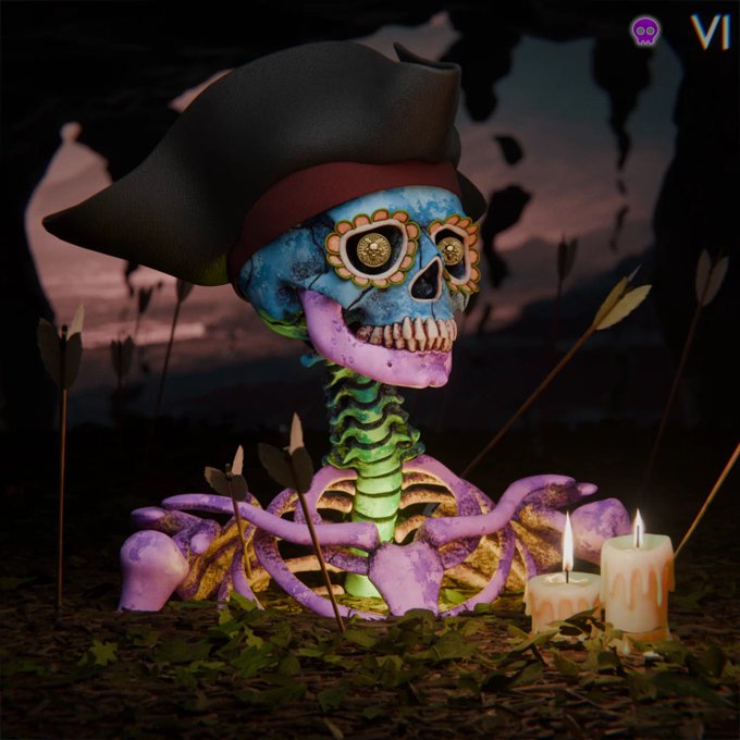 A 3D render of a pirate-themed sugar skull with an eye patch and hat, emerging from a skeleton ribcage surrounded by candles and arrows.