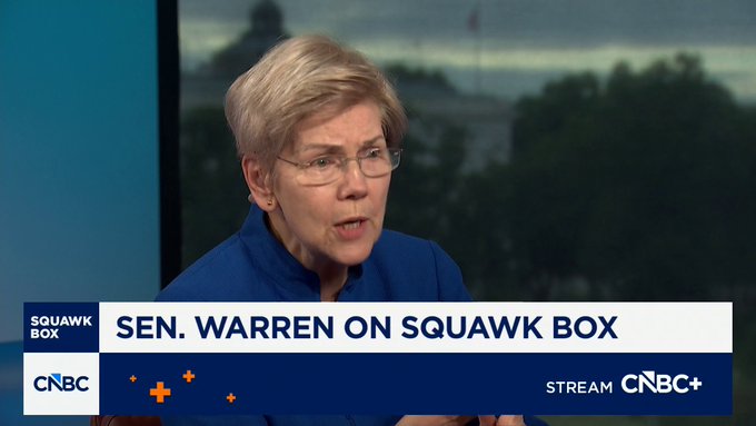 Senator Elizabeth Warren appears on CNBC's "Squawk Box" discussing her call for a "national moratorium" on data centers, as indicated by the on-screen graphic "SEN. WARREN ON SQUAWK BOX" and the accompanying post highlighting her concerns about grid stress, jobs, and water systems being pushed onto local communities.